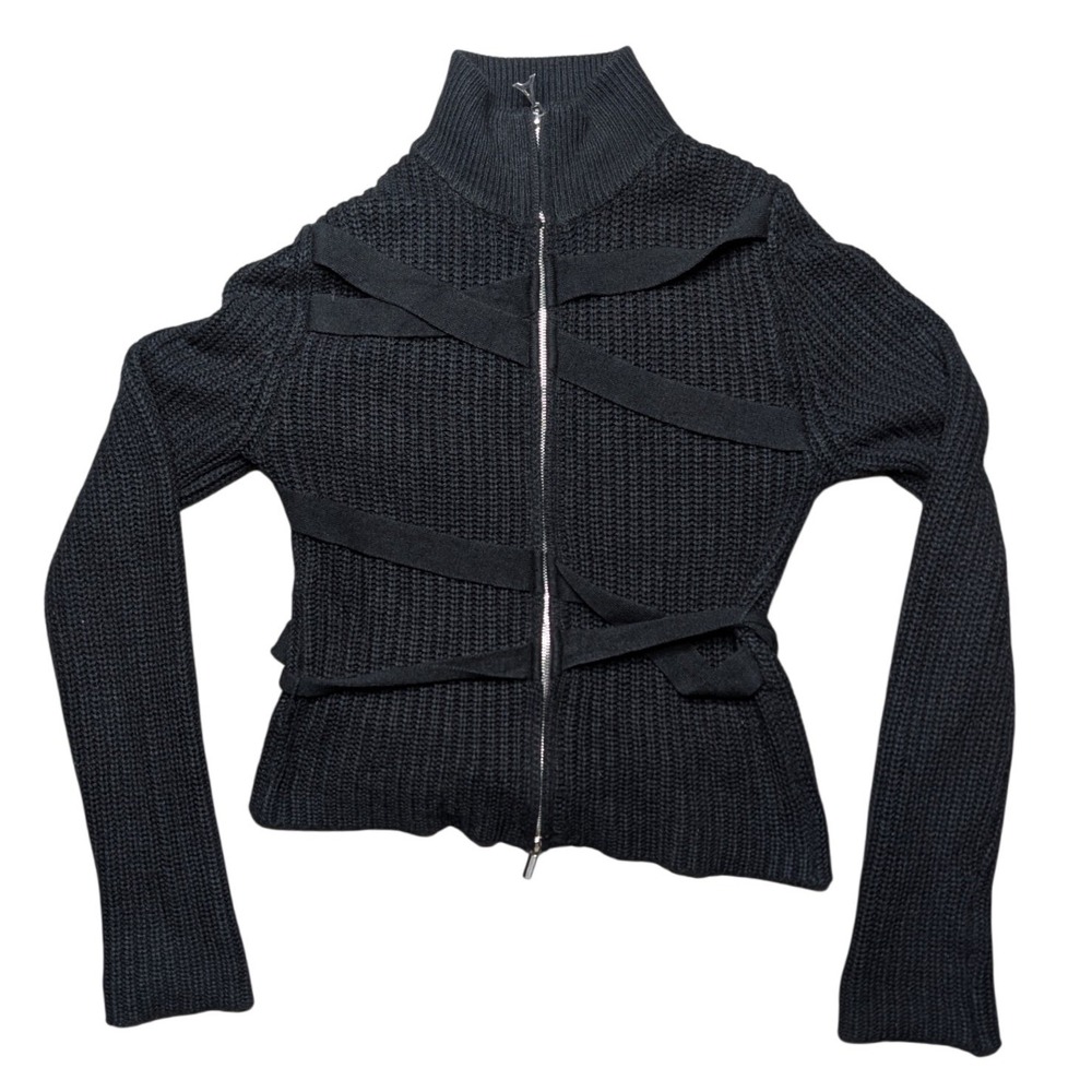 Maniere De Voir Medium Black Zip Up Knit Cardigan Mock Neck Strappy Sweater Goth